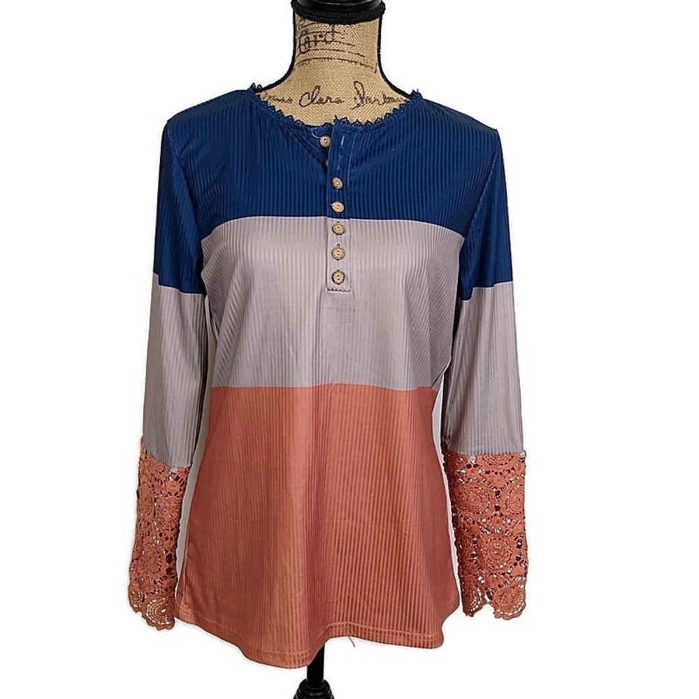 Unbranded Henley Top Women Size M Blue Grey Terracotta Colorblock Crochet Lace
